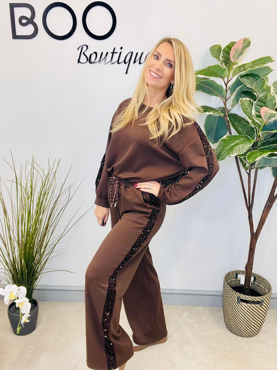 LADIES SEQUIN SCUBA WIDE LEG TROUSER CO ORD SET - BROWN, BLACK, NAVY