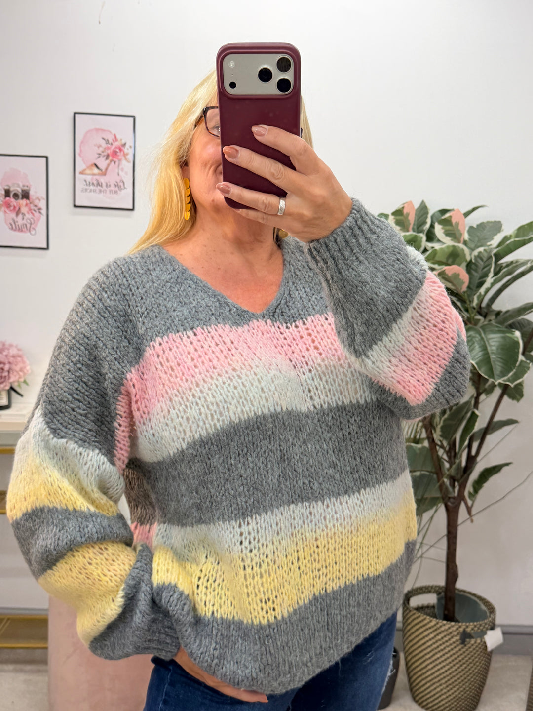 Ladies Fashion Stripe Slouch Chunky Knit Jumper - Mocha, Grey & Beige