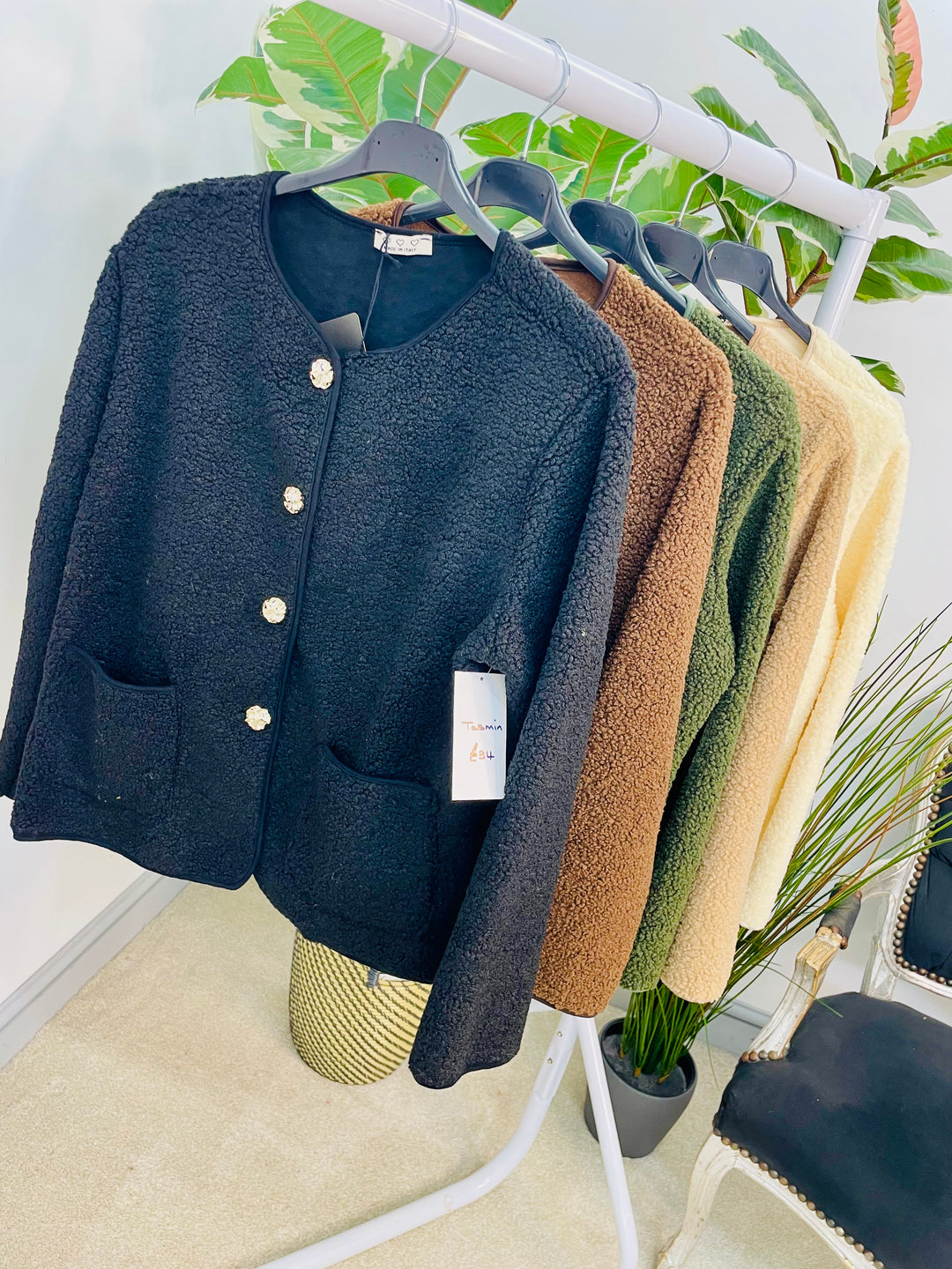 LADIES BOUCLE BOLERO JACKET - CREAM, BEIGE, BLACK, BROWN, KHAKI