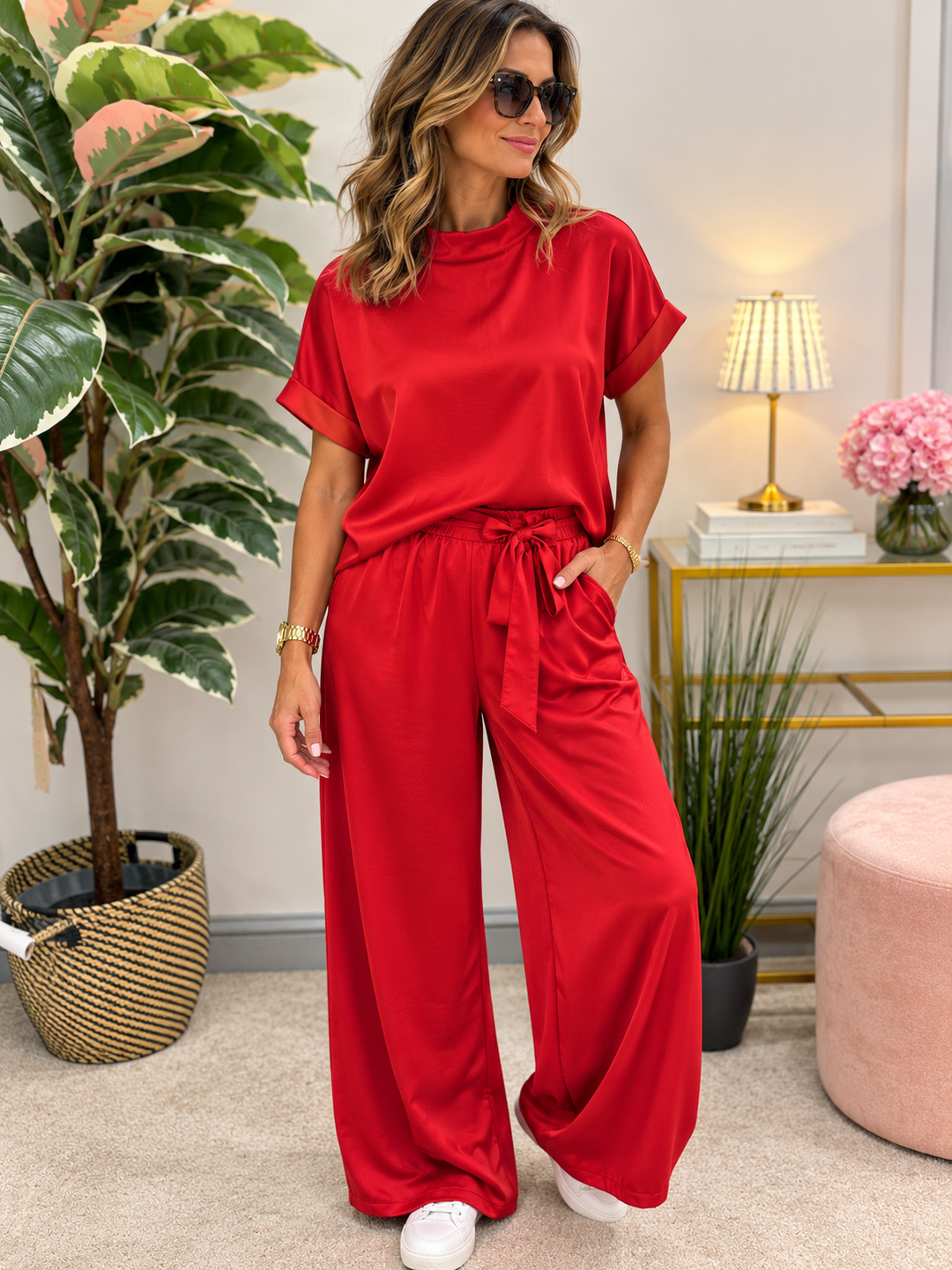 Womens Satin Trouser Suit Co Ord - Black, Red, Mink, Mustard, Brown