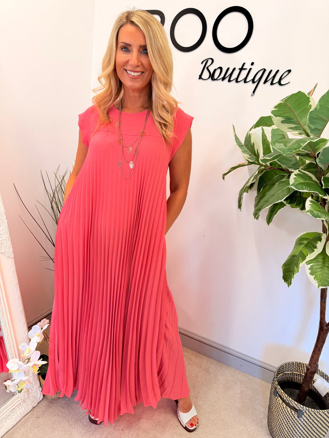 Ladies Fashion Pleated Maxi Dress - Black, Navy, Red, Lemon, Pink, Raspberry