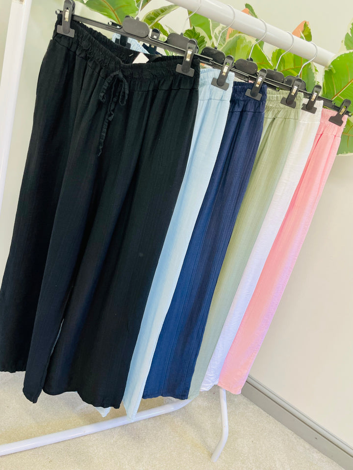 LADIES WOMENS WIDE LEG PALAZZO TROUSERS - BLACK, KHAKI, WHITE, PINK, BLUE & NAVY