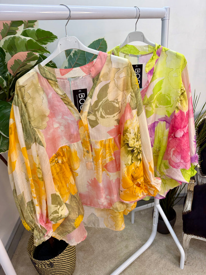 Ladies Fashion Boho Style Grandad Shirt - pink and khaki