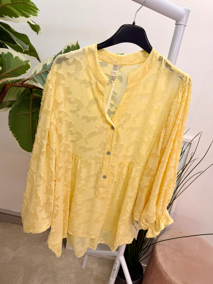 Ladies Fashion Smock V Neck Blouse Top - White, Lemon & Peach