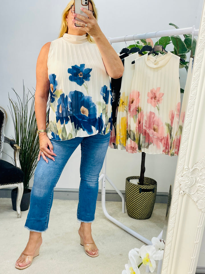 LADIES PLEATED FLOWER PRINT CHIFFON TOP - BLACK, KHAKI, LEMON, PINK & NAVY