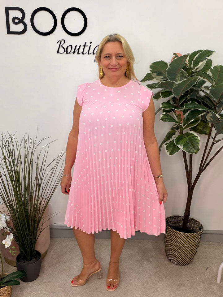 Ladies Pleated Polka Dot Midi Day Dress - black, navy, pink, blue, beige 