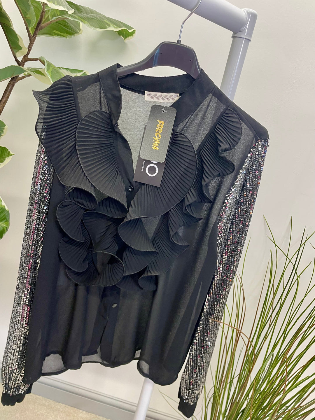 LADIES SEQUIN ARM FRILL BLOUSE - BLACK, SILVER, BERRY, BEIGE & BROWN