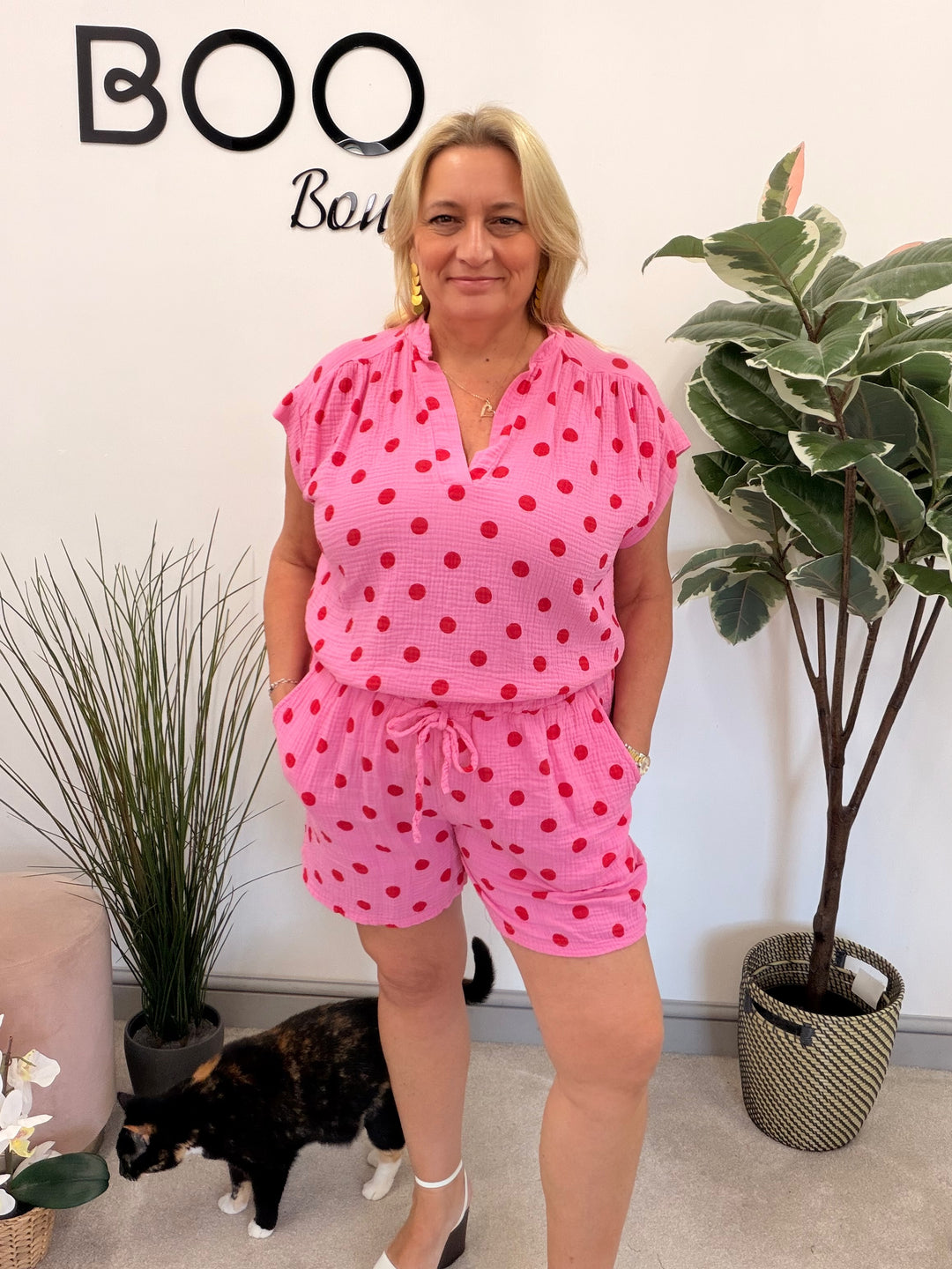 Ladies Fashion Polka Dot Shorts Co Ord Set - Blue, Navy, Pink