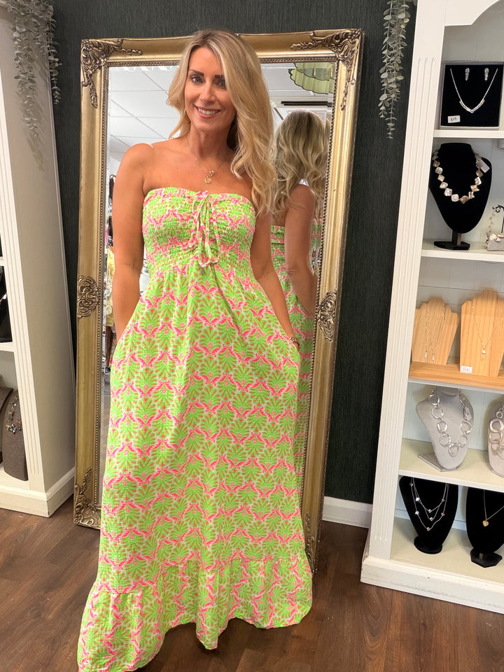 Ladies Fashion Summer Strapless Maxi Dress - Pink, Yellow, Orange, Green, Navy