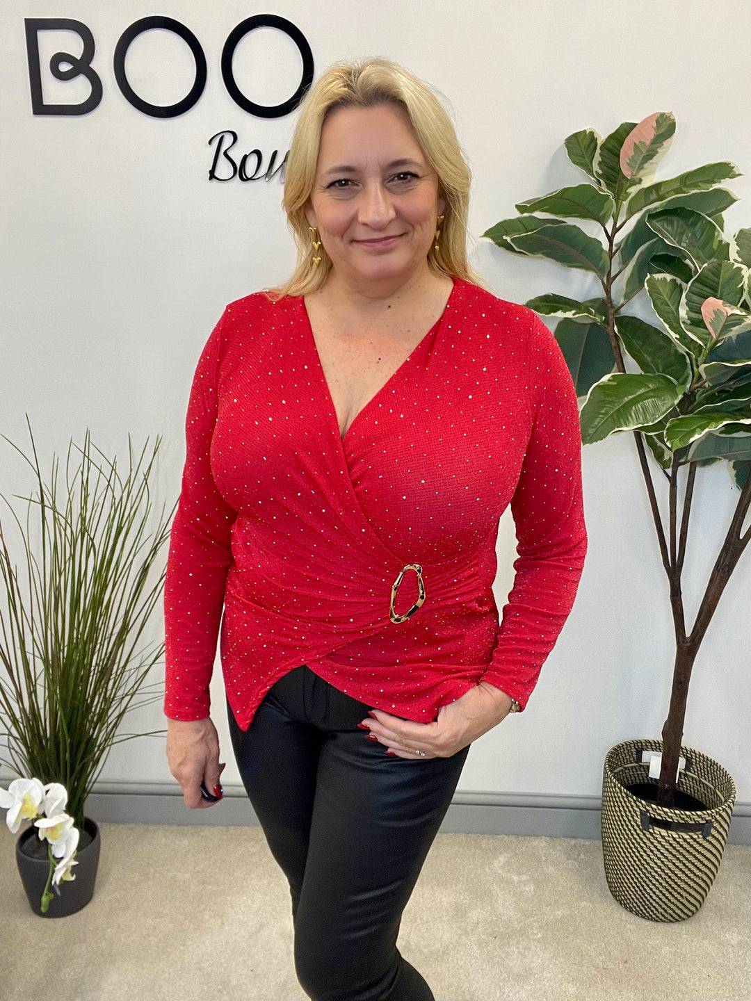 LADIES LUREX WRAP STYLE TOP - BLACK, SILVER, RED