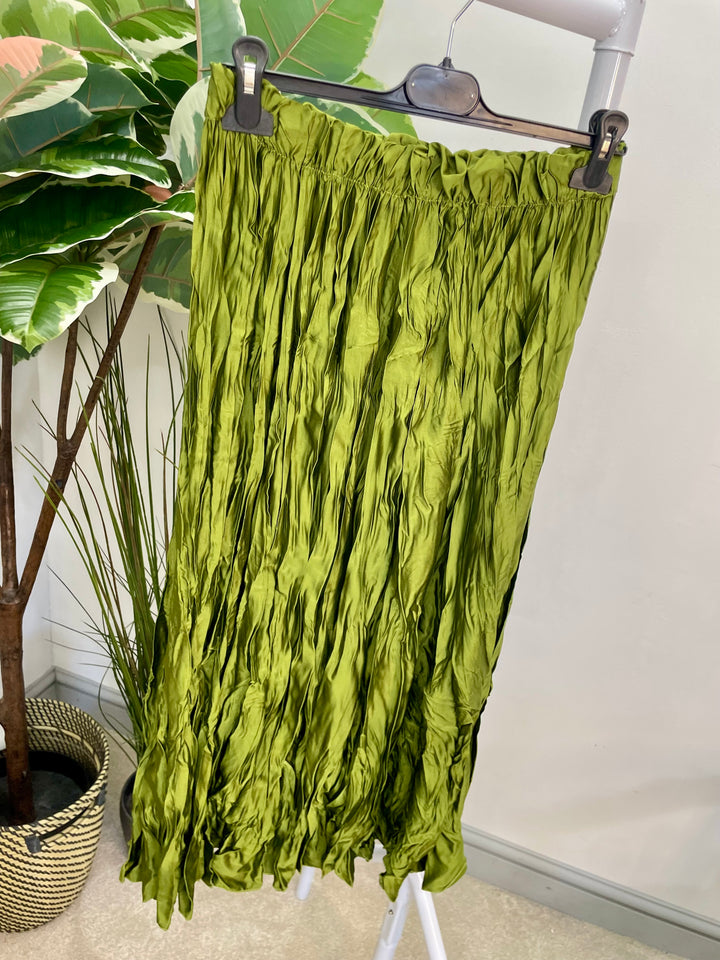 LADIES CRINKLE SATIN MAXI SKIRT - OLIVE, BROWN, NAVY, BLACK, GOLD