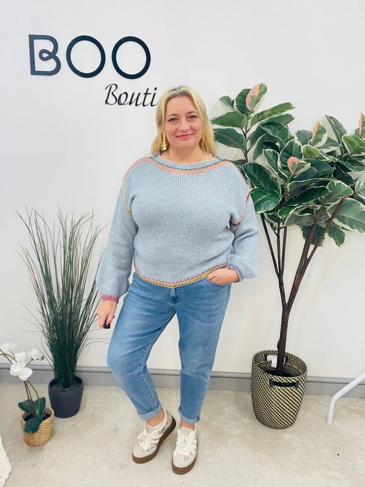 LADIES WINTER CONTRAST STITCH KNIT JUMPER - CREAM, KHAKI & BLUE