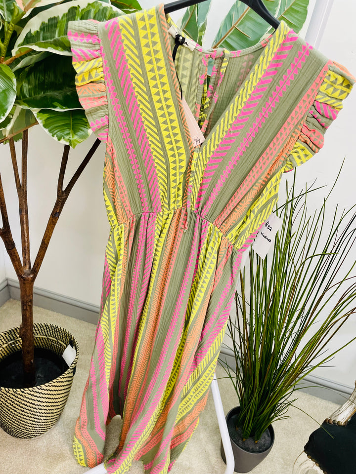 LADIES AZTEC PRINT SUMMER HOLIDAY MAXI DRESS - PINK, DENIM BLUE & KHAKI