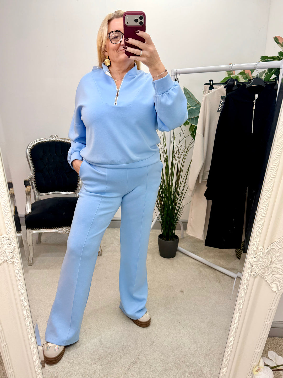 LADIES FASHION STRAIGHT LEG TROUSER CO ORD SET - BLUE, BEIGE & BLACK