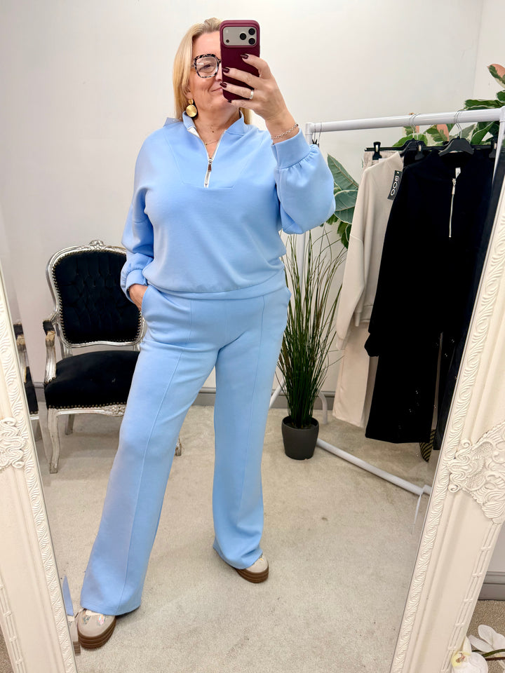 LADIES FASHION STRAIGHT LEG TROUSER CO ORD SET - BLUE, BEIGE & BLACK