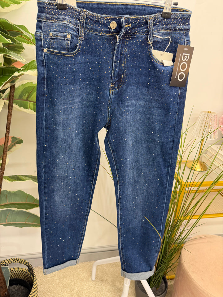 Ladies Fashion Diamante Mom Fit Blue Denim Jeans