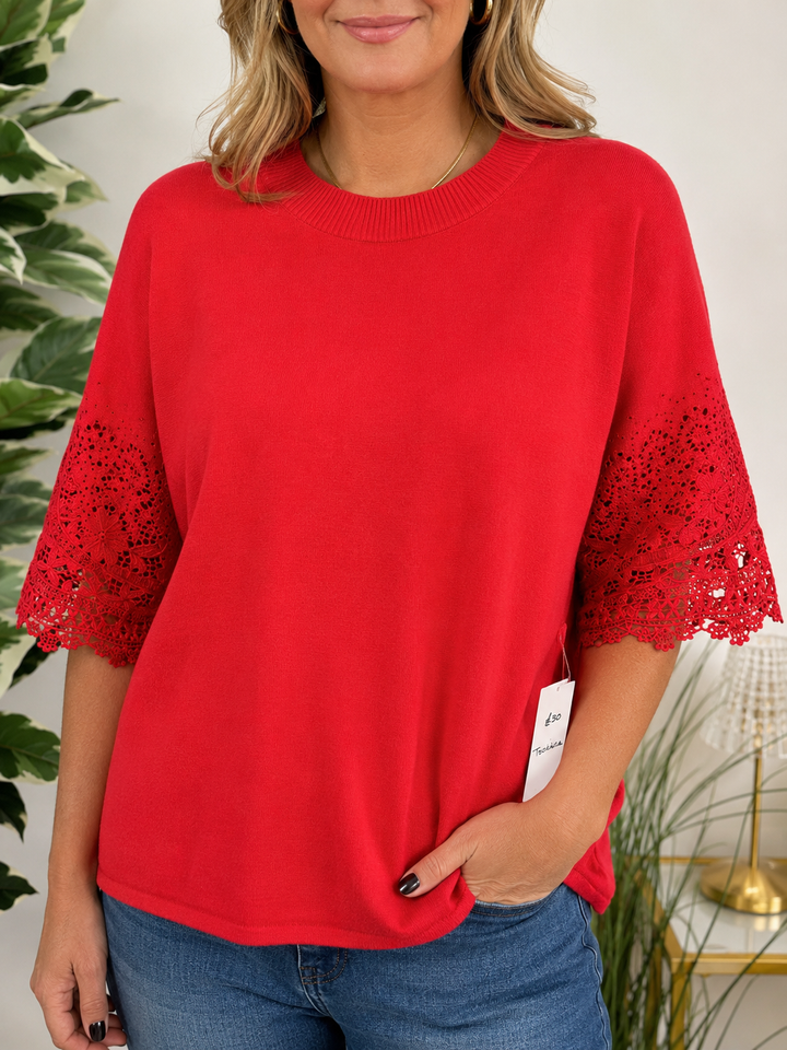 Ladies Diamante & Lace Short Sleeve Jumper - Black, Cream & Red