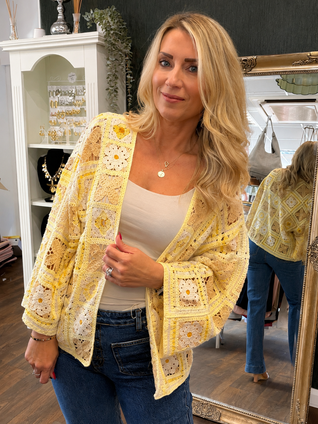 Ladies Bolero Crochet Cardigan - Lemon & Blue