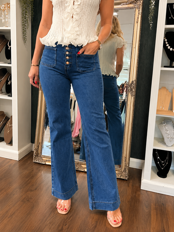 Ladies Blue Denim Wide Leg Jeans