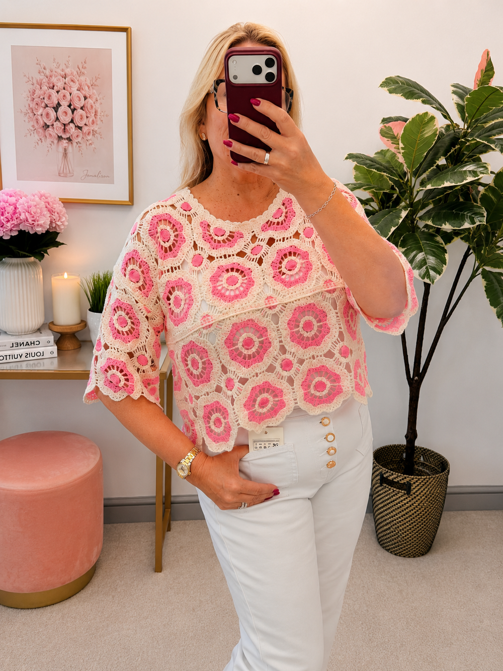 Ladies Crochet Long Sleeve Top - Beige, Blue, Pink & Navy