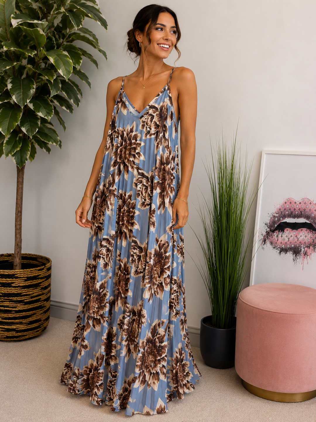 Ladies Pleated Satin Summer Maxi Dress - Brown, Khaki & Blue