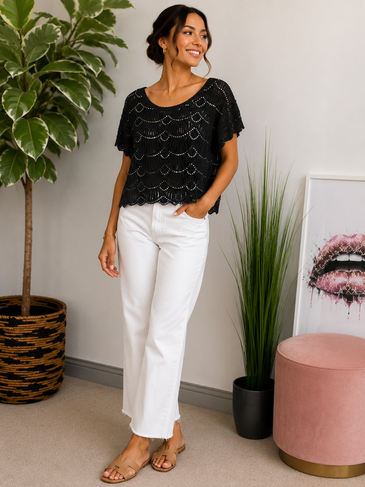 Ladies Sparkly Crochet Bolero Top - Black & White