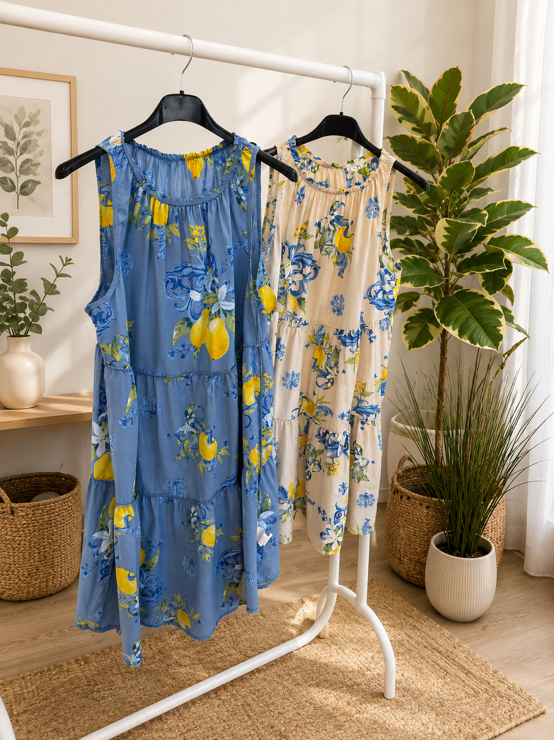 Ladies Lemon Print Summer Sun Dress - Blue & Beige