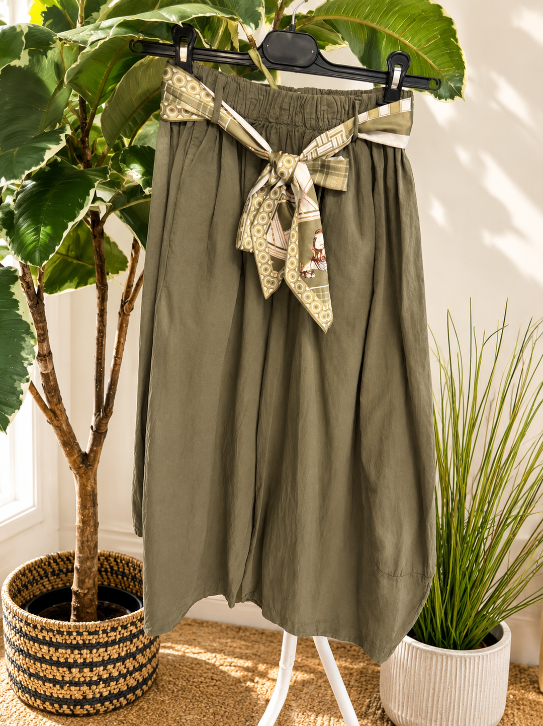Ladies Cotton Barrel Leg Trousers - Brown, Black, Khaki & Denim Blue