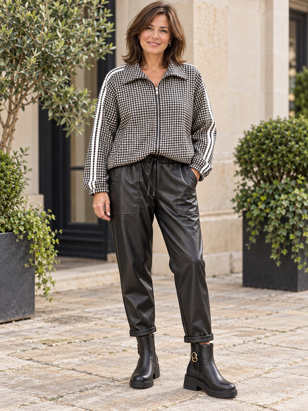 The MONICA check sports luxe bomber jacket - red and black