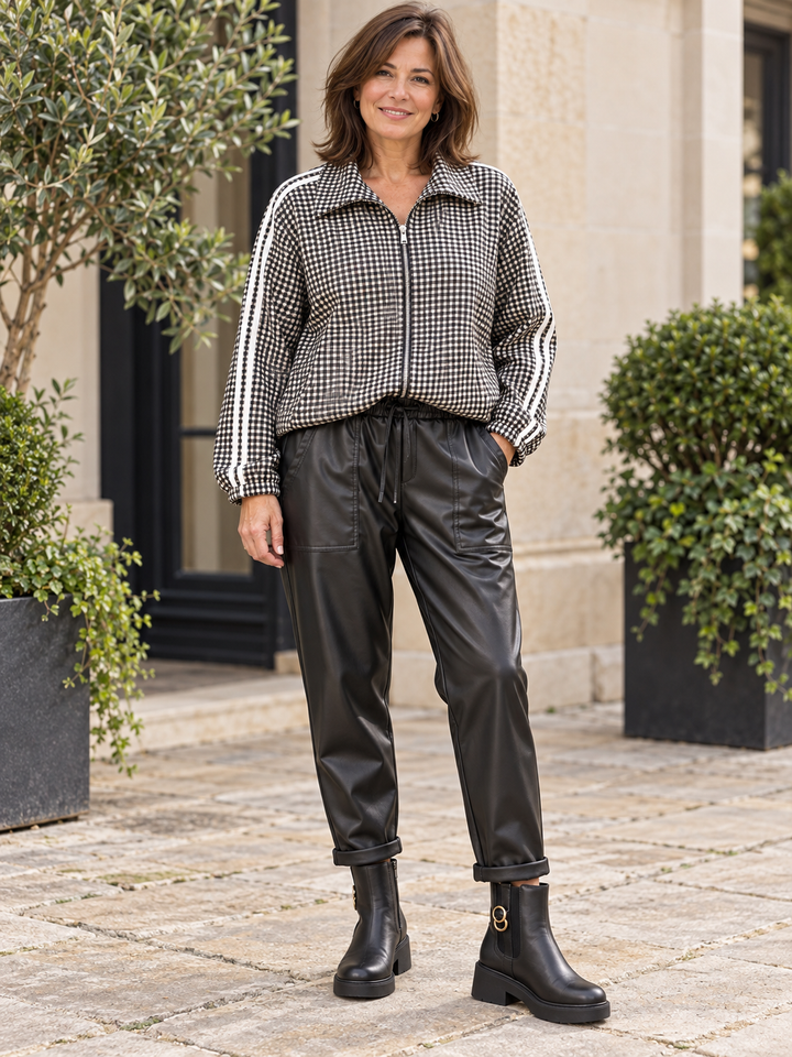 The MONICA check sports luxe bomber jacket - red and black