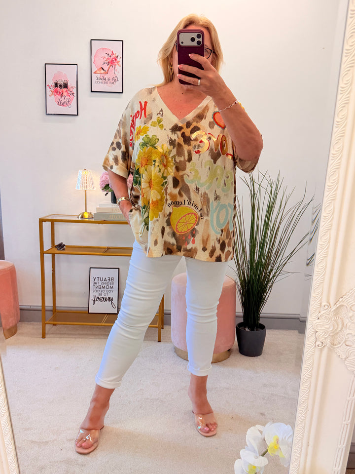 Ladies Lemon Print Lurex Oversize Top