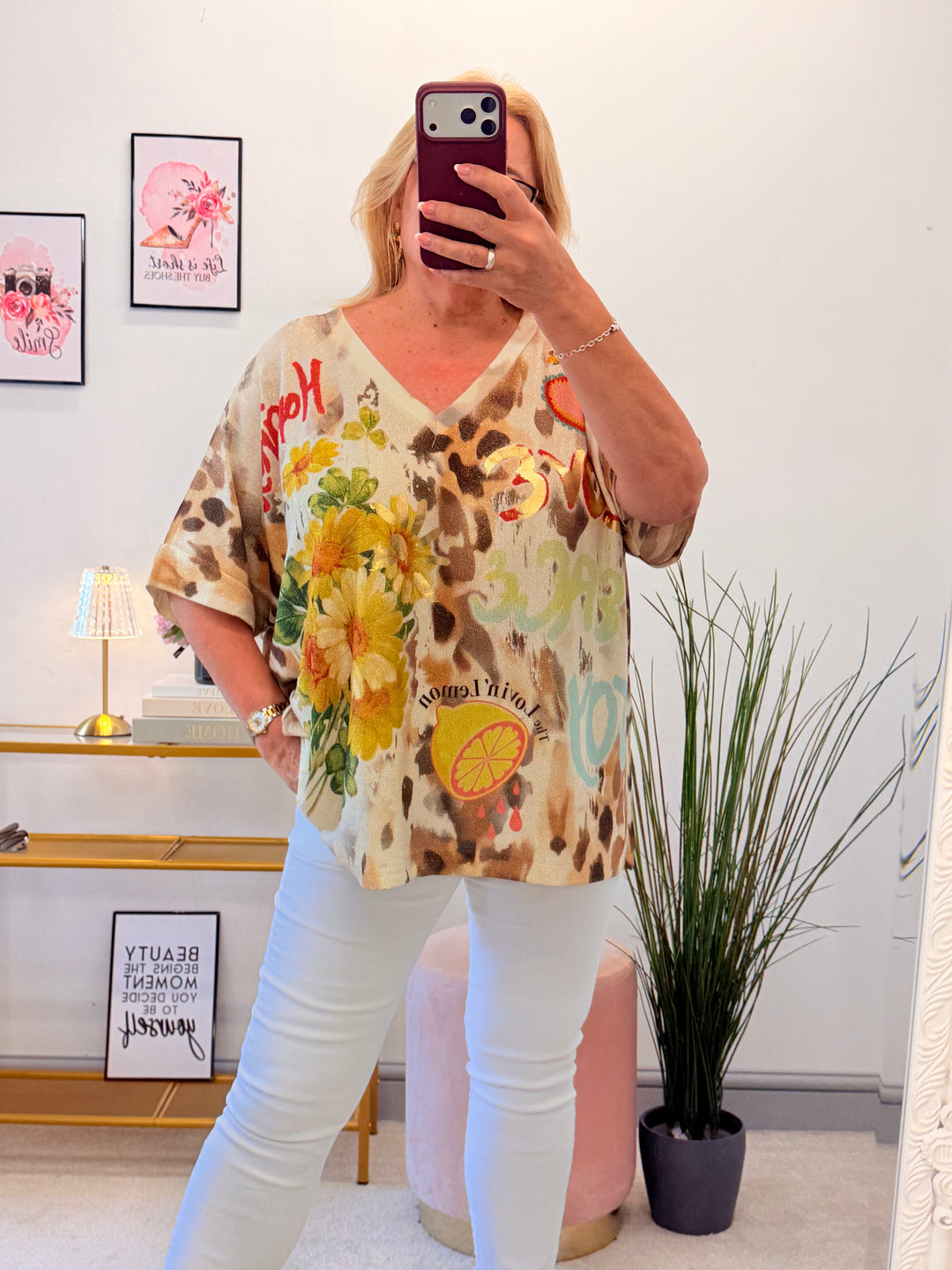 Ladies Lemon Print Lurex Oversize Top