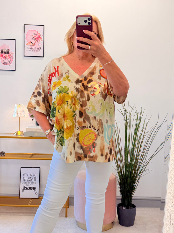Ladies Lemon Print Lurex Oversize Top