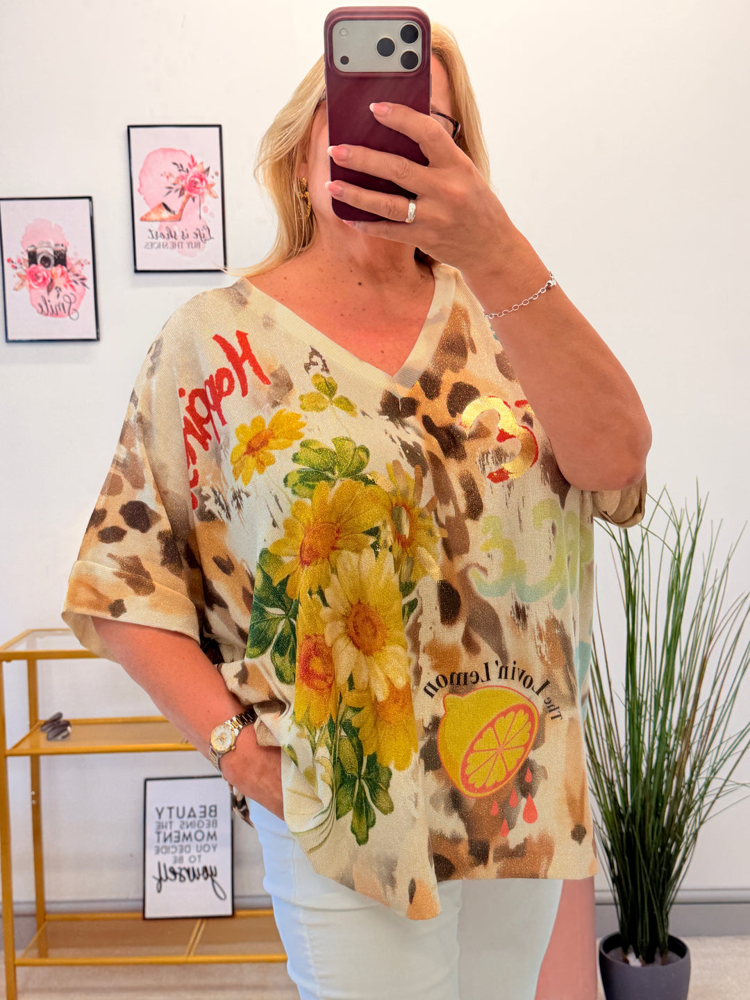 Ladies Lemon Print Lurex Oversize Top