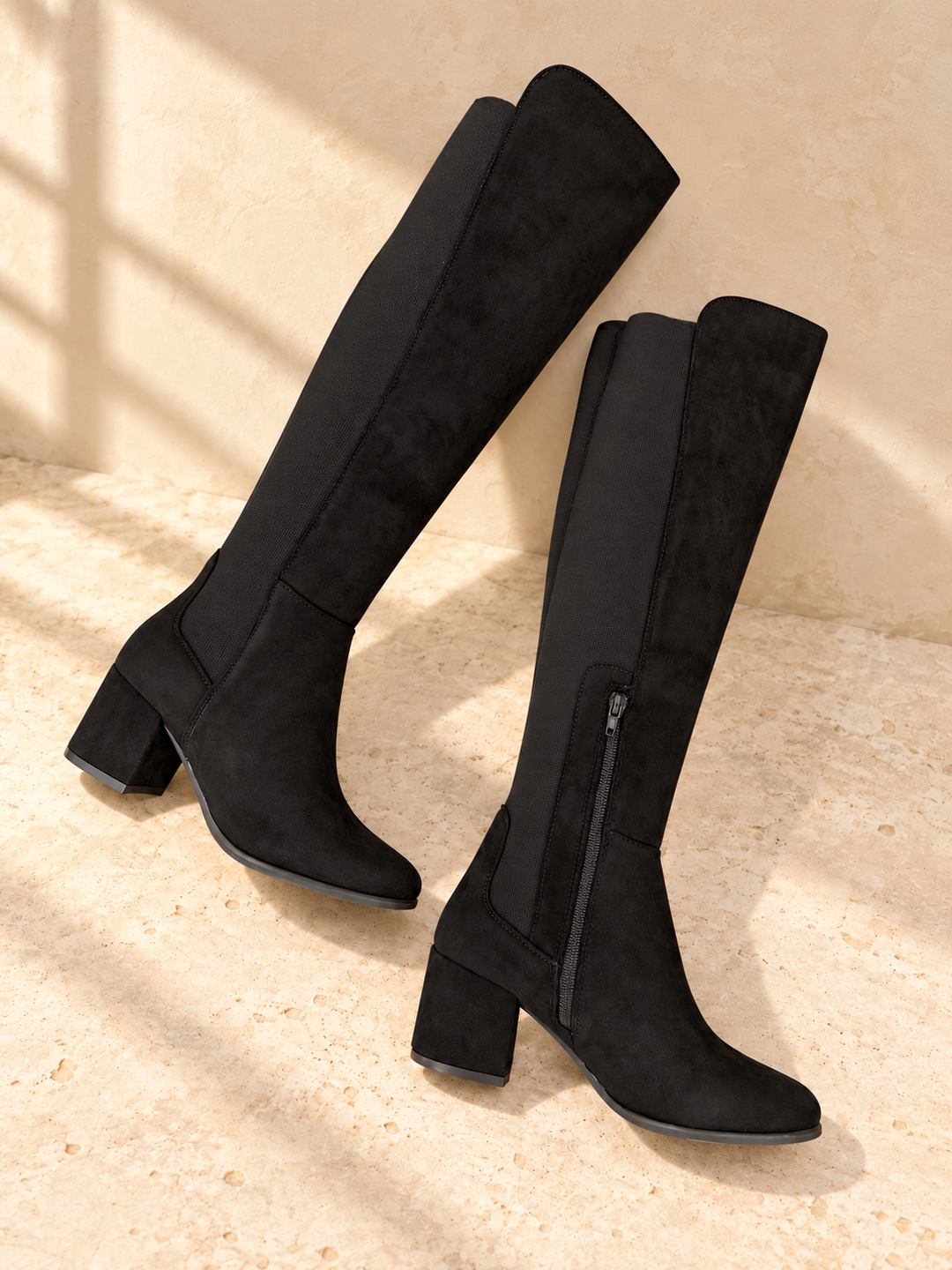 Women’s Black Faux Suede Knee High Boots ( Punch )