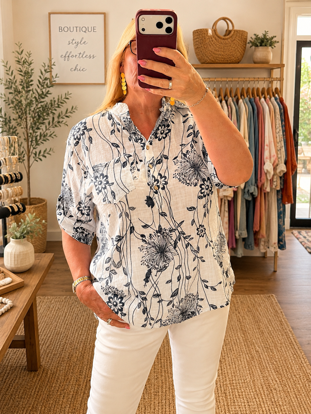 Ladies Fashion White & Navy Light Linen Grandad Top