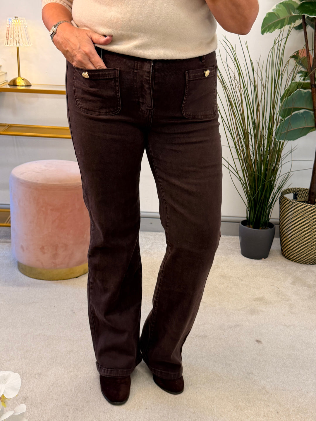 Women's fashion chocolate brown wide leg jeans