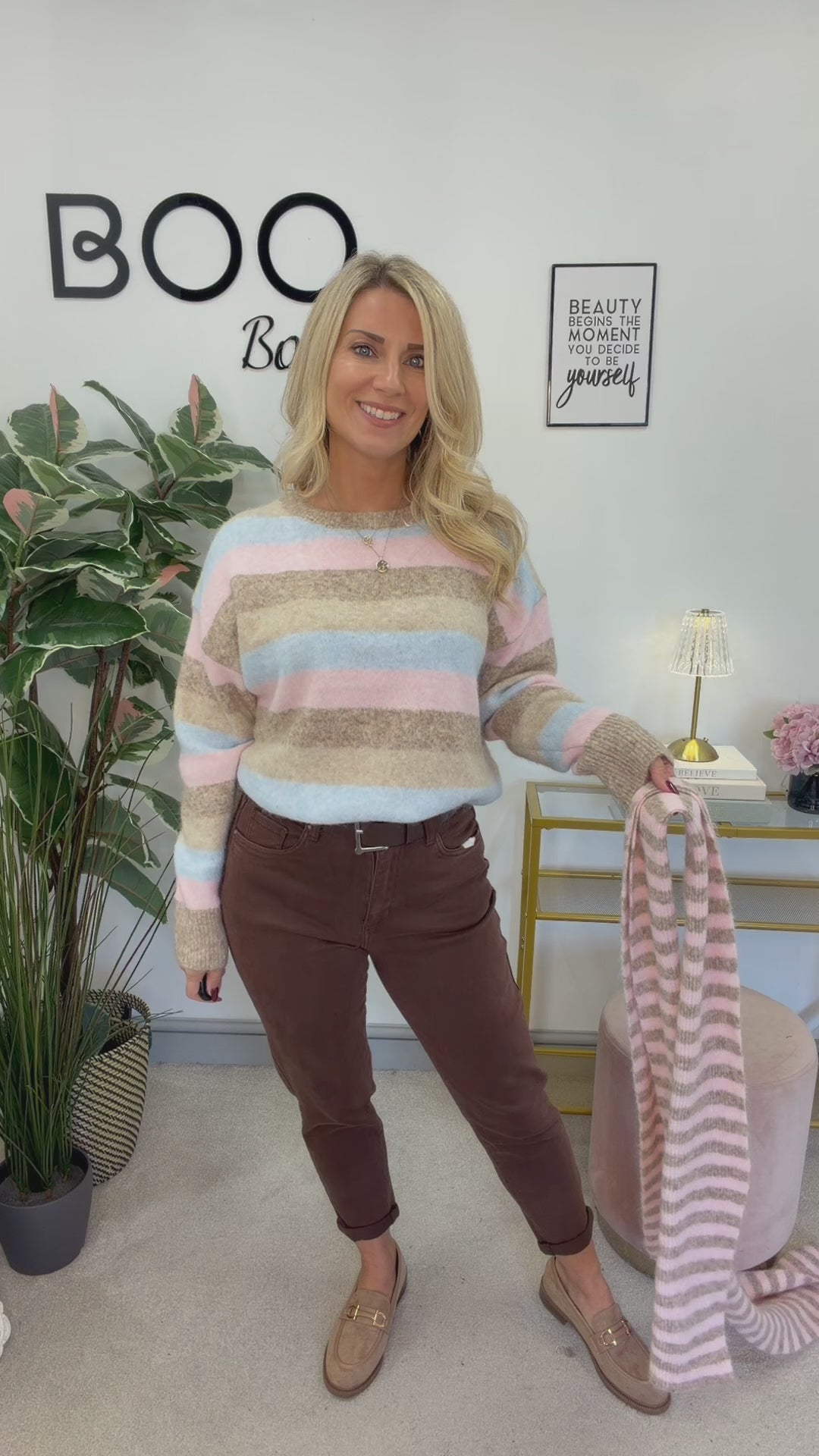 The TRINNY soft pink blue beige stripe jumper and scarf set