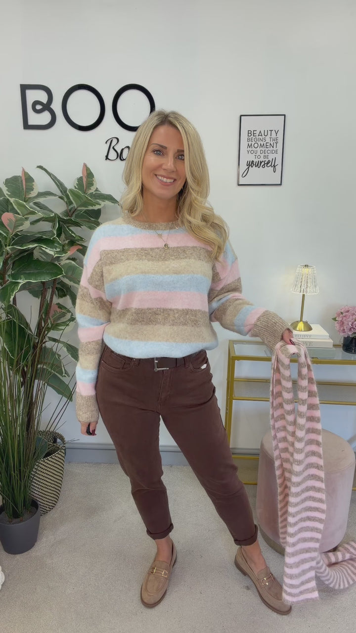 The TRINNY soft pink blue beige stripe jumper and scarf set