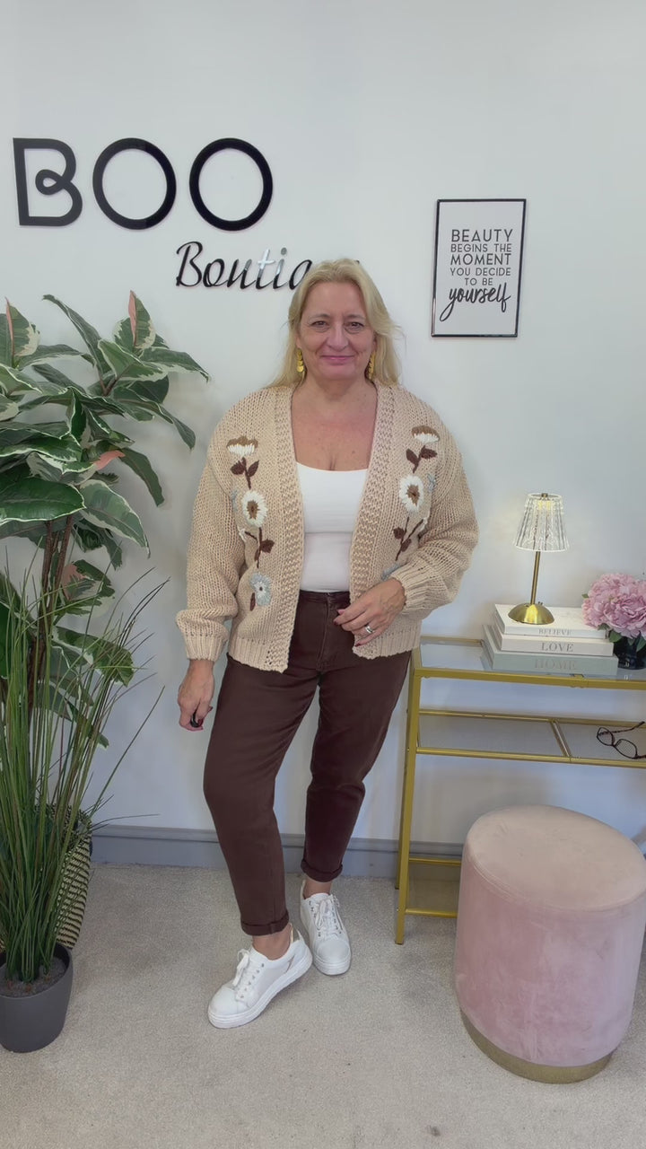 The ANNIE beige embroidered flower cardigan