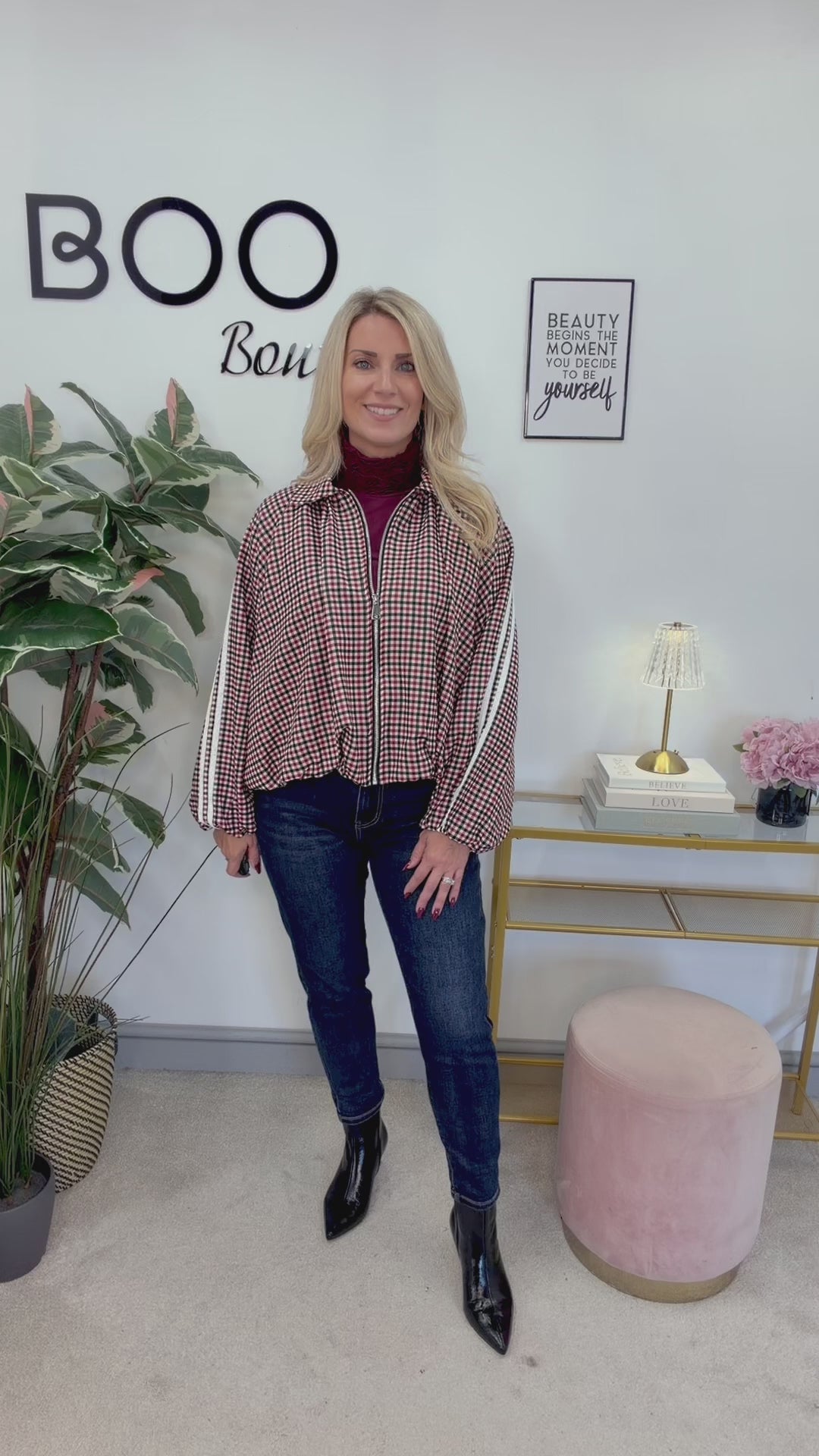 The MONICA check sports luxe bomber jacket - red and black